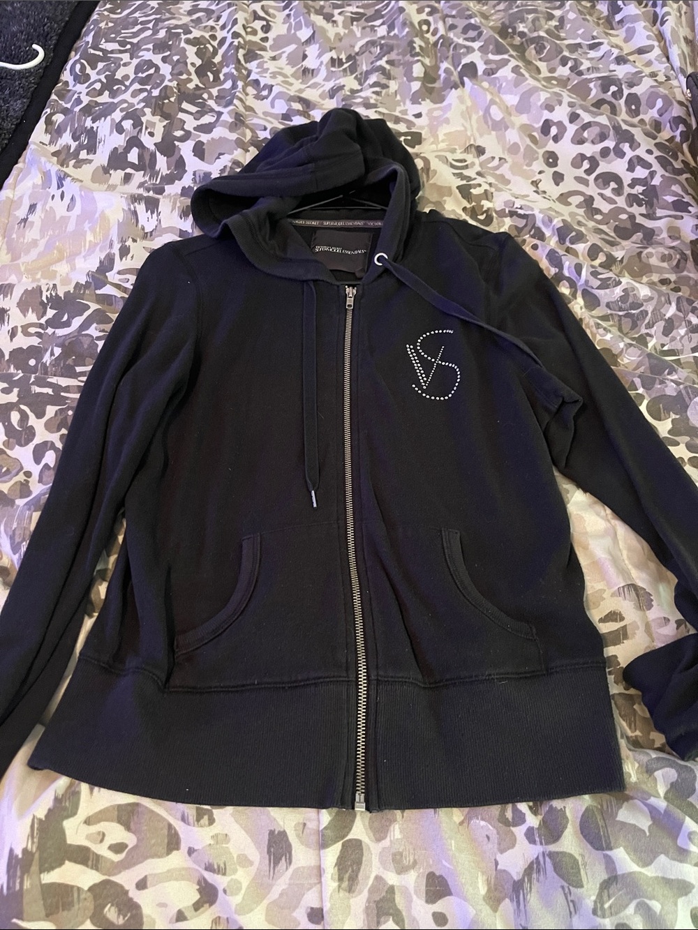 Victoria's Secret Black Rhinestone VS Zip-Up Hoodie